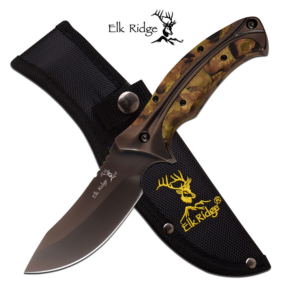 Fixed-Blade Hunting Knife Elk Ridge 8.75in Black Blade Wood Camo Skinner
