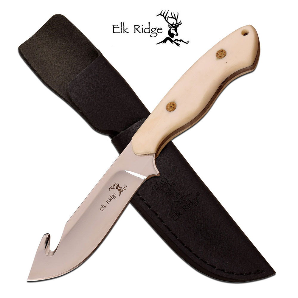 Fixed-Blade Hunting Knife Elk Ridge Bone Handle Gut Hook Bla