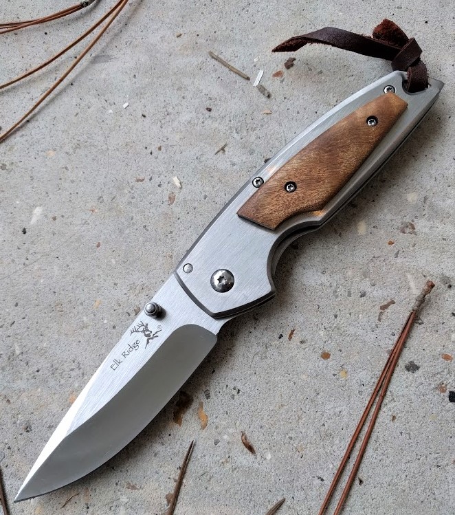 Folding Knife Elk Ridge 3.5in. Brushed Metal Silver Blade Hunter Brown Wood