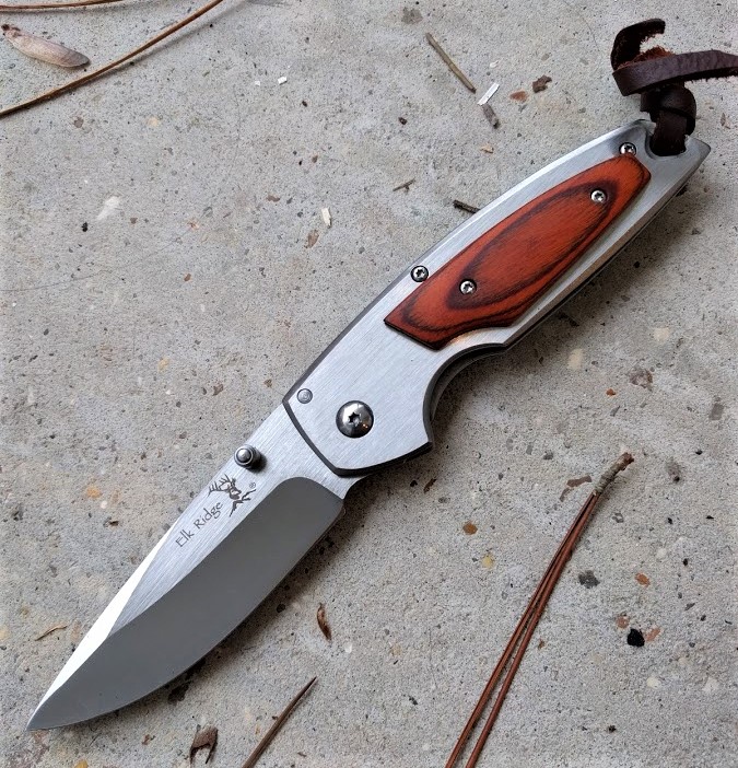 Folding Knife Elk Ridge 3.5in. Brushed Metal Silver Blade Hunter Red Wood