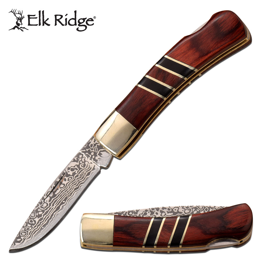 Manual Folding Knife Elk Ridge 2.25in Stainless Wave Etch Blade Brown Wood Handle