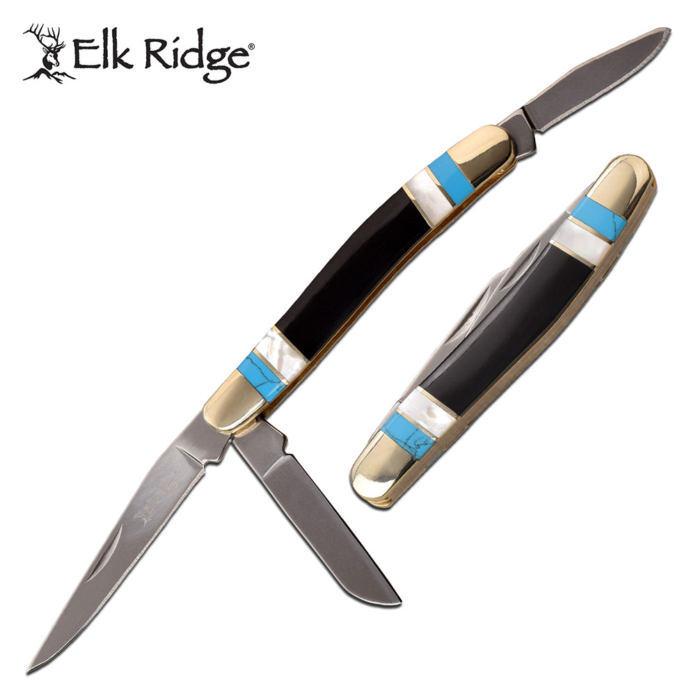 Folding Knife | Elk Ridge Classic Black Horn, Pearl, Turquoise Stockman 3 Blades