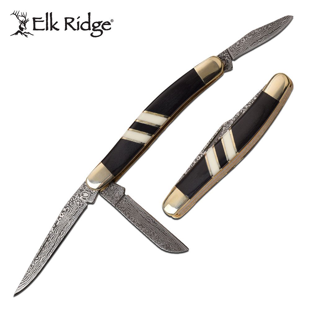 Folding Knife | Elk Ridge Classic Black Wood Damascus Etch Stockman 3 Blades