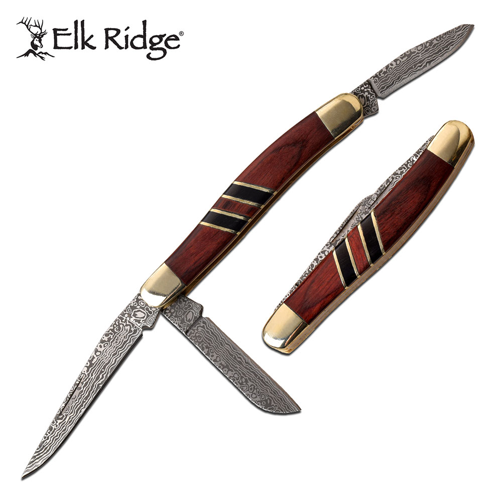 Folding Knife | Elk Ridge Classic Brown Wood Damascus Etch Stockman 3 Blades