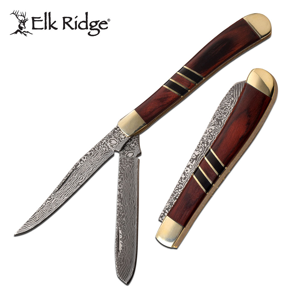 Folding Knife | Elk Ridge Classic Brown Wood Damascus Etch Trapper 2 Blades