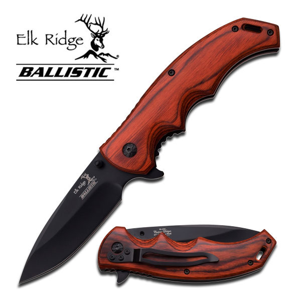 Elk Ridge Brown Wood Handle Black Blade Spring Assist Hunter's Folding Knife