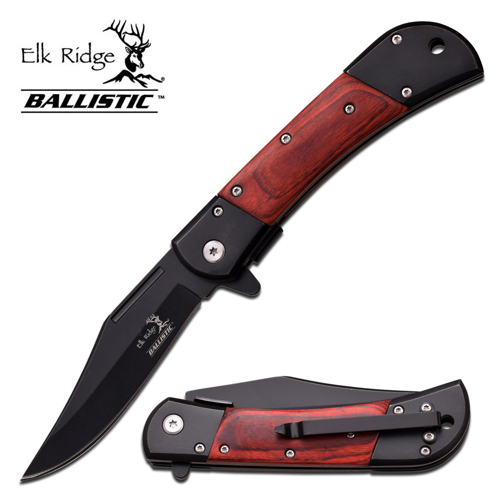 Spring-Assist Folding Pocket Knife Elk Ridge Black Blade Brown Wood Hunter EDC
