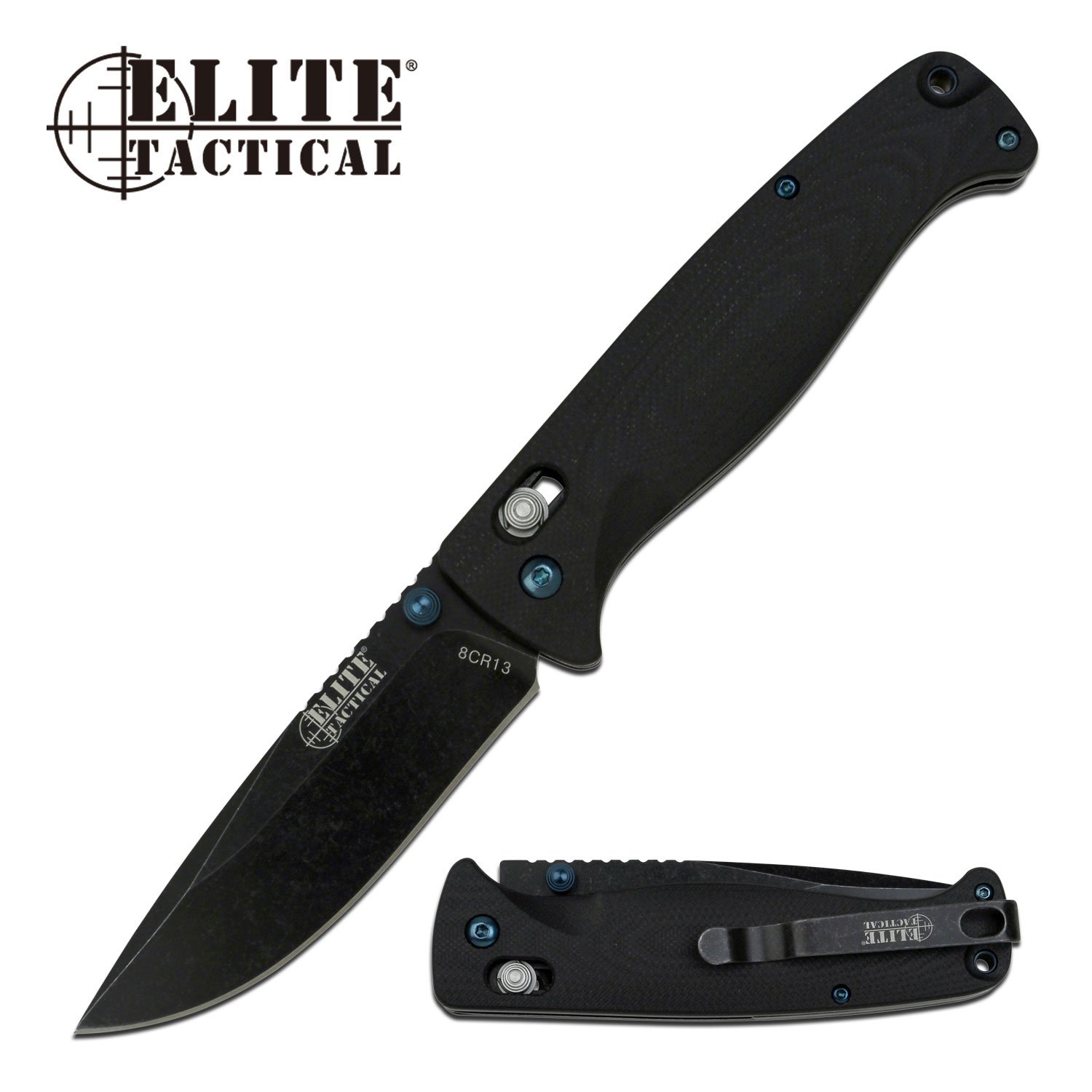 Folding Pocket Knife Elite Tactical 3.5in Black Stonewash Blade Ambidextrous EDC