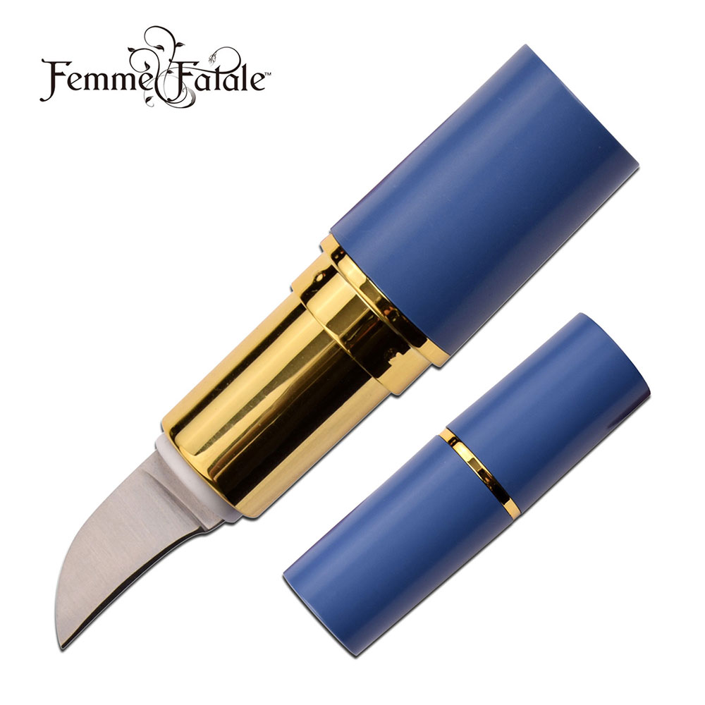 Lipstick Hidden Knife Femme Fatale Blue 2.75in Concealed 1in Blade Self-Defense