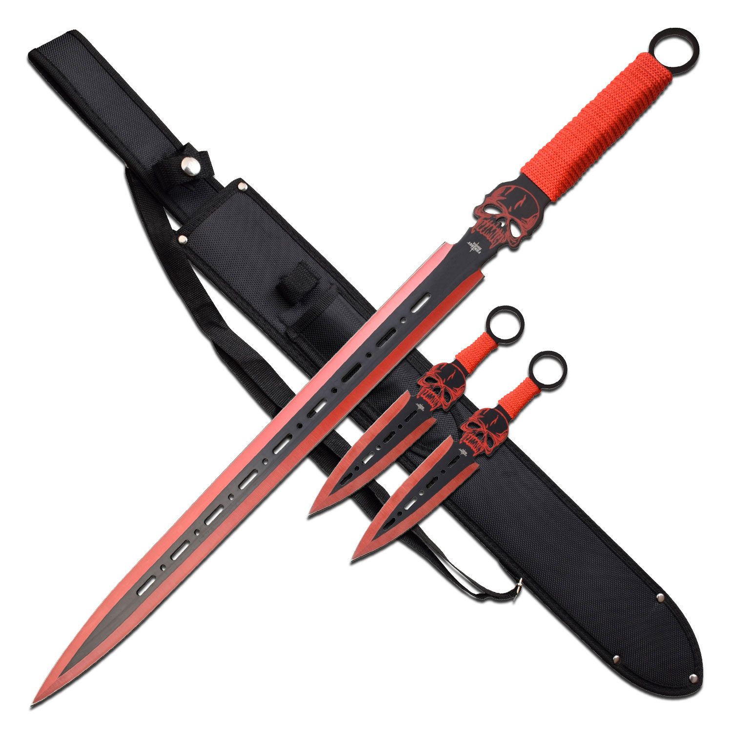 Fantasy Sword Skull Black Red 17.25In Blade Inc 2 Throwing Knives + Sheath