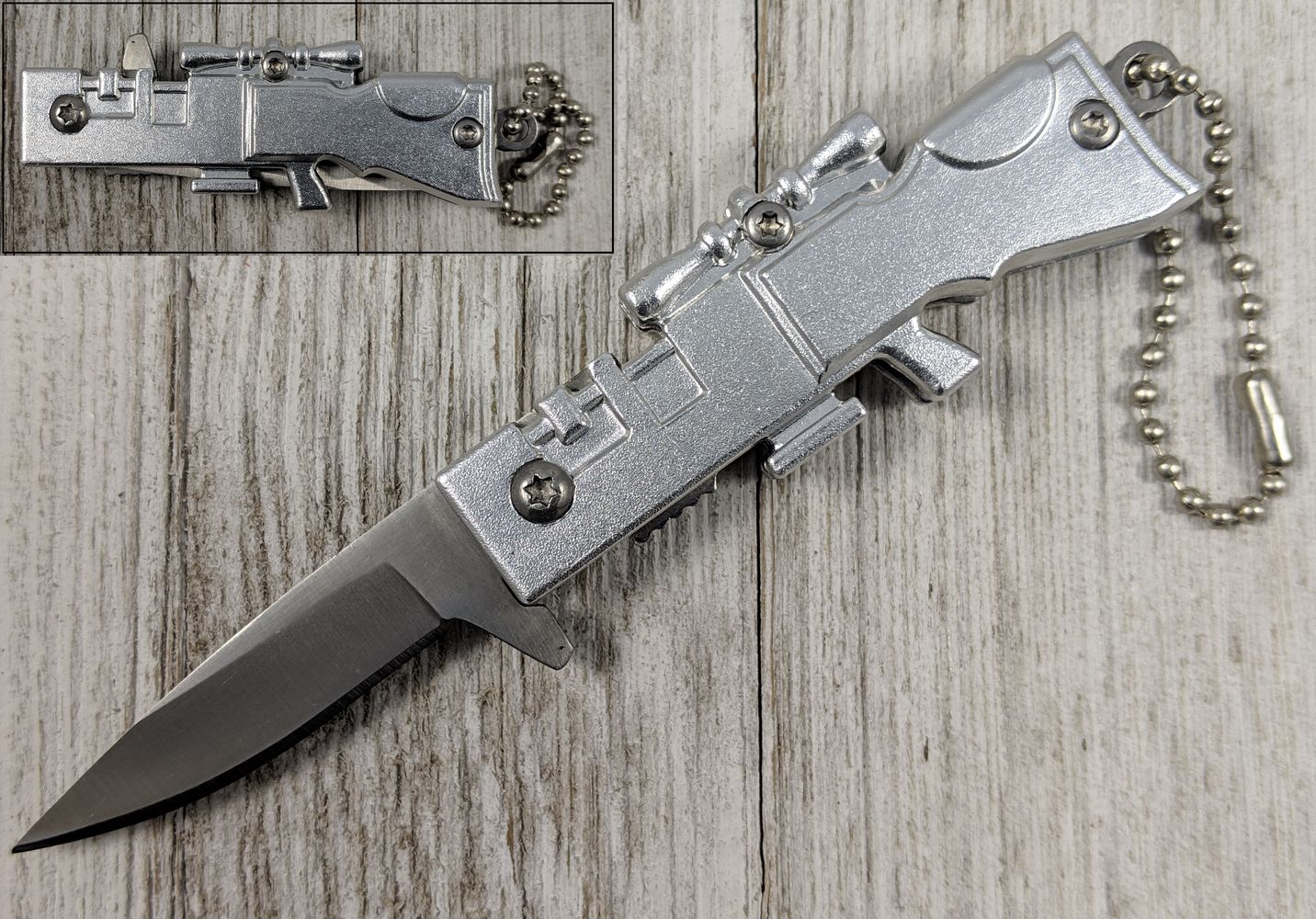 Spring-Assist Folding Keychain Knife | Mini Silver Military Sniper Rifle 3