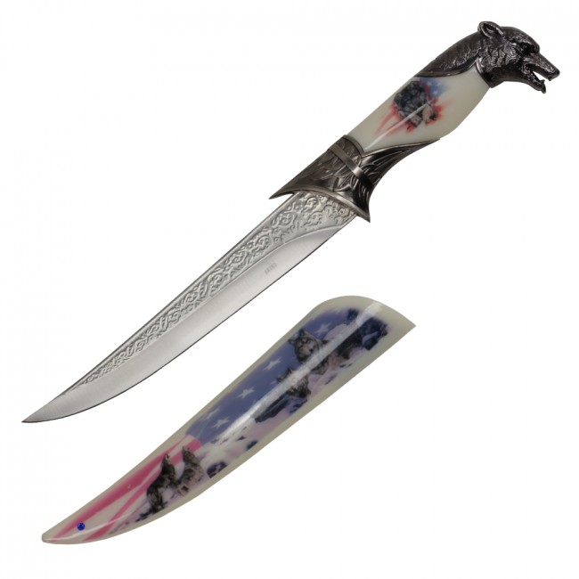 Bowie Knife American Flag Wolf Dagger Silver 8in. Blade + Scabbard 13in. Overall