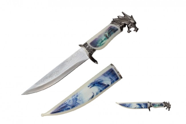Fantasy Knife 13 1/8in. Overall Dragon Dagger Silver Blade + Scabbard Display