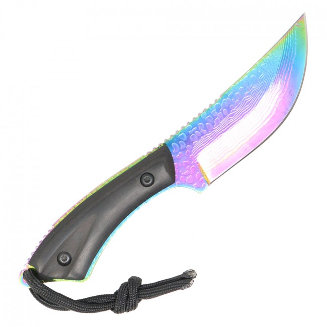 Hunting Knife 4in. Rainbow Etched Blade Full Tang Black Wood Handle + Sheath