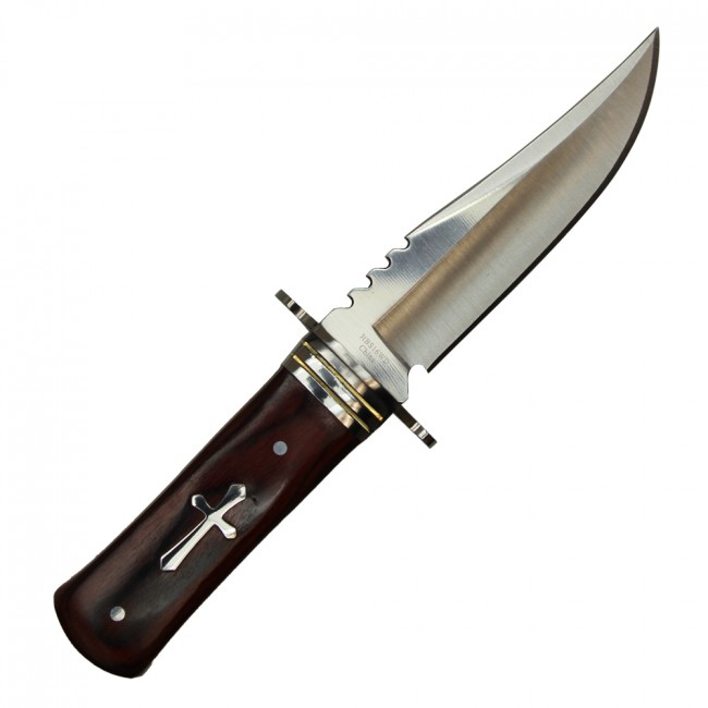 Hunting Knife 4.25in. Silver Blade Skinner Christian Cross Brown Wood + Sheath
