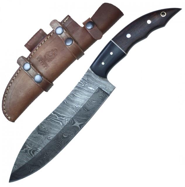 Kitchen Knife | Damascus Steel Blade Full Tang Wood Handle + Leather Sheath