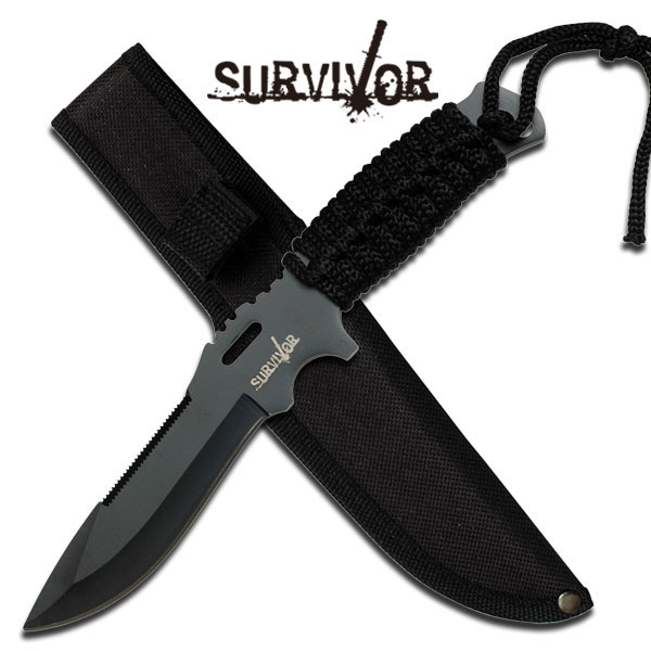 9.5in. Black Thick Cord Handle Survival Hunting Camp Knife