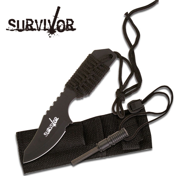 7in. Matte Black Full Tang Mini Survival Knife w/ Fire Starter