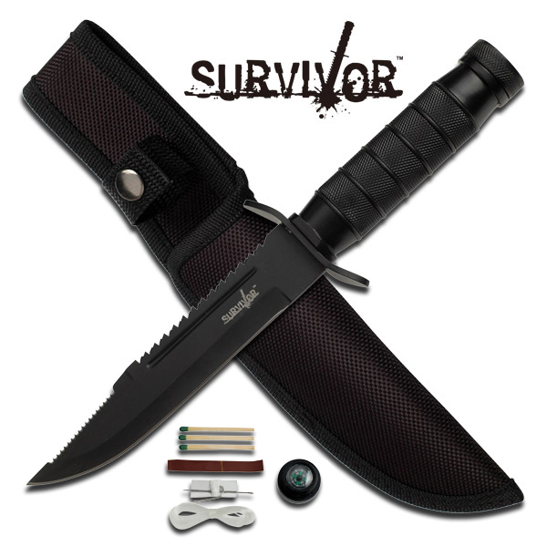 9.5in. Black Mercenary Survival Knife w/ Sheath And Kit