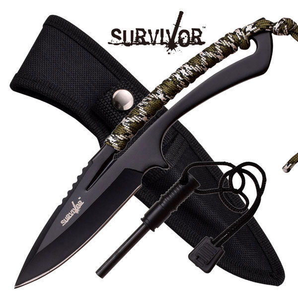 Fixed-Blade Survival Knife Survivor Black Camo Paracord Tactical Hunter Flint