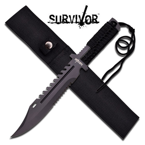 13.5in. Black Midnight Cord-Wrapped Serrated Survival Tactical Knife w/ Sheath