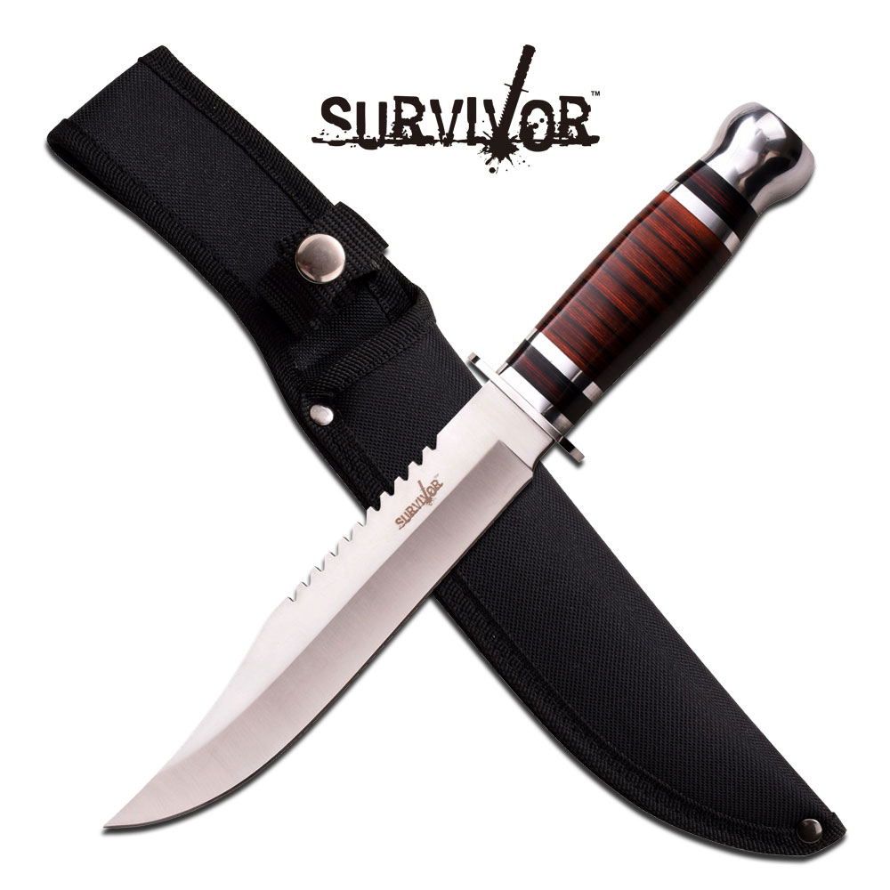 Survivor 12in. Fixed-Blade Wood Handle Chrome Pommel Hunting Knife w/ Sheath