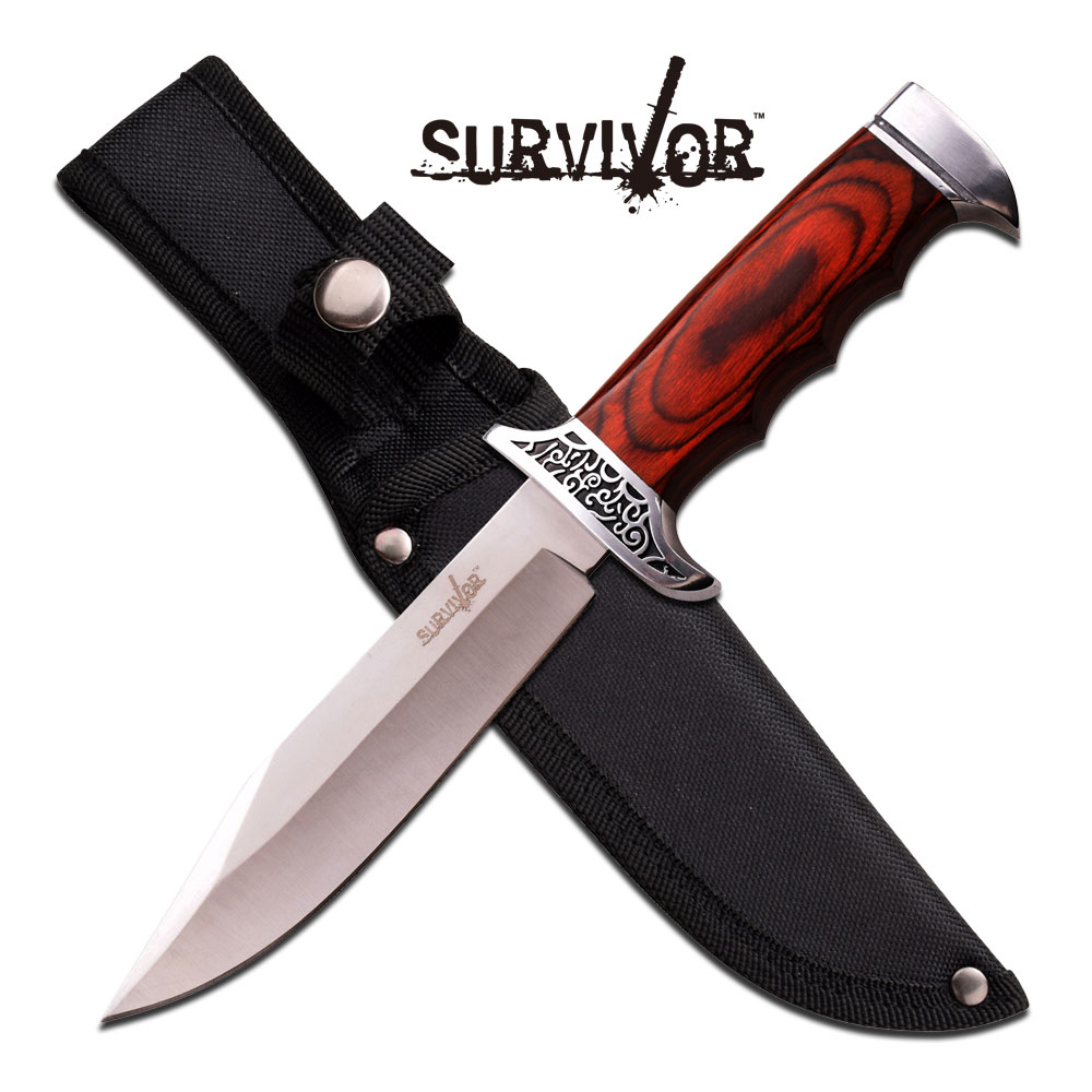 Survivor 10.25in. Fixed-Blade Wood Handle Elegant Bowie Knife w/ Sheath