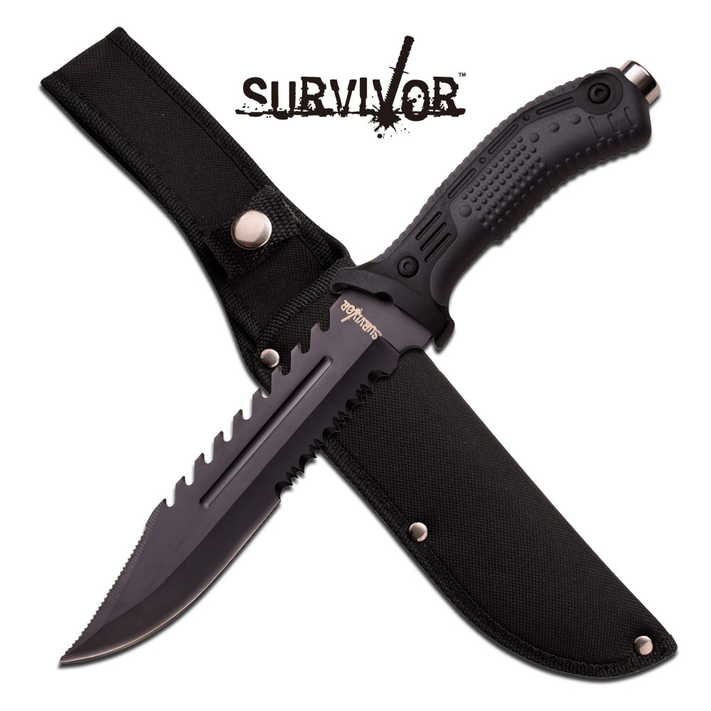 FIXED BLADE KNIFE Survivor Black Tactical Serrated Full Tang Rubber EDC HK-793BK - Picture 1 of 1
