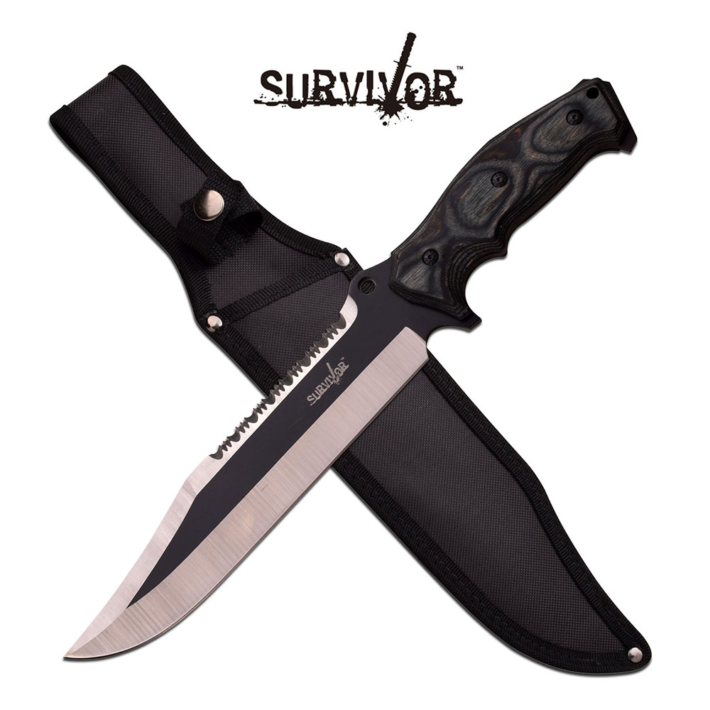 Fixed Blade Bowie Knife 15 Survival Sawback Black Full Tang Blade Gray Wood 805319097785 Ebay 