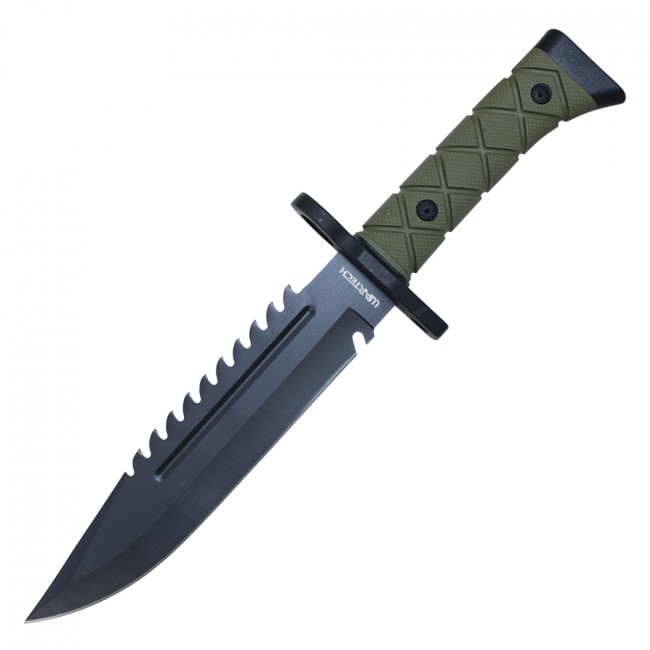 Fixed Blade Knife 14in. Military Hunting Bowie Tactical Serrated Green Hwt101B