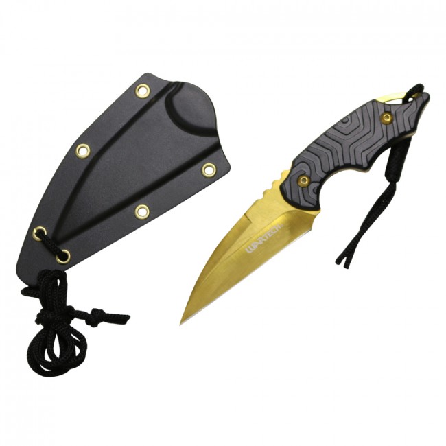 Fixed-Blade Neck Knife Wartech 3in. Gold Blade Black Tactical Slim Kydex Sheath
