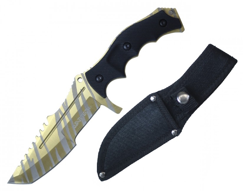 Mini Tactical Knife 8.5in Overall Gold Tiger Stripe Blade Military Combat, Sheath