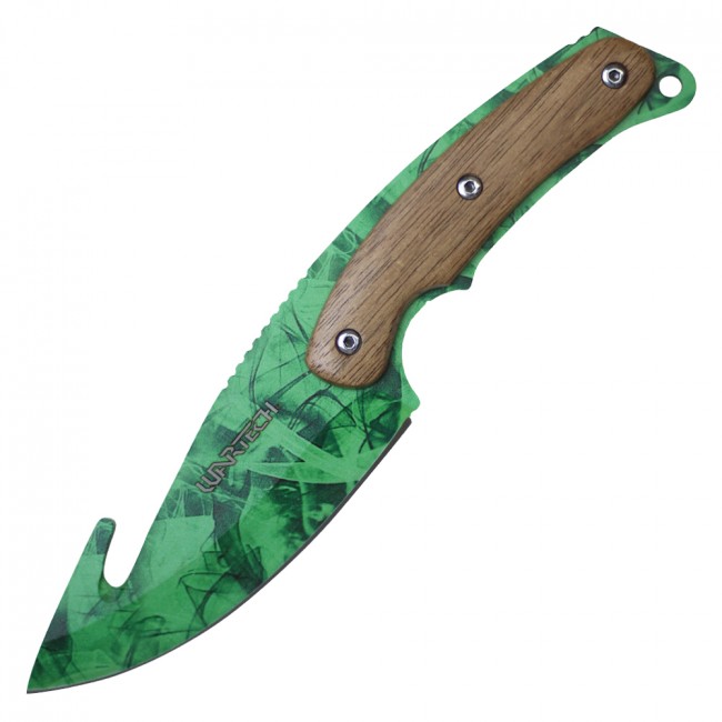 Gut Hook Hunting Knife Wartech 9.5in. Green Blade Wood Handle Skinner + Sheath