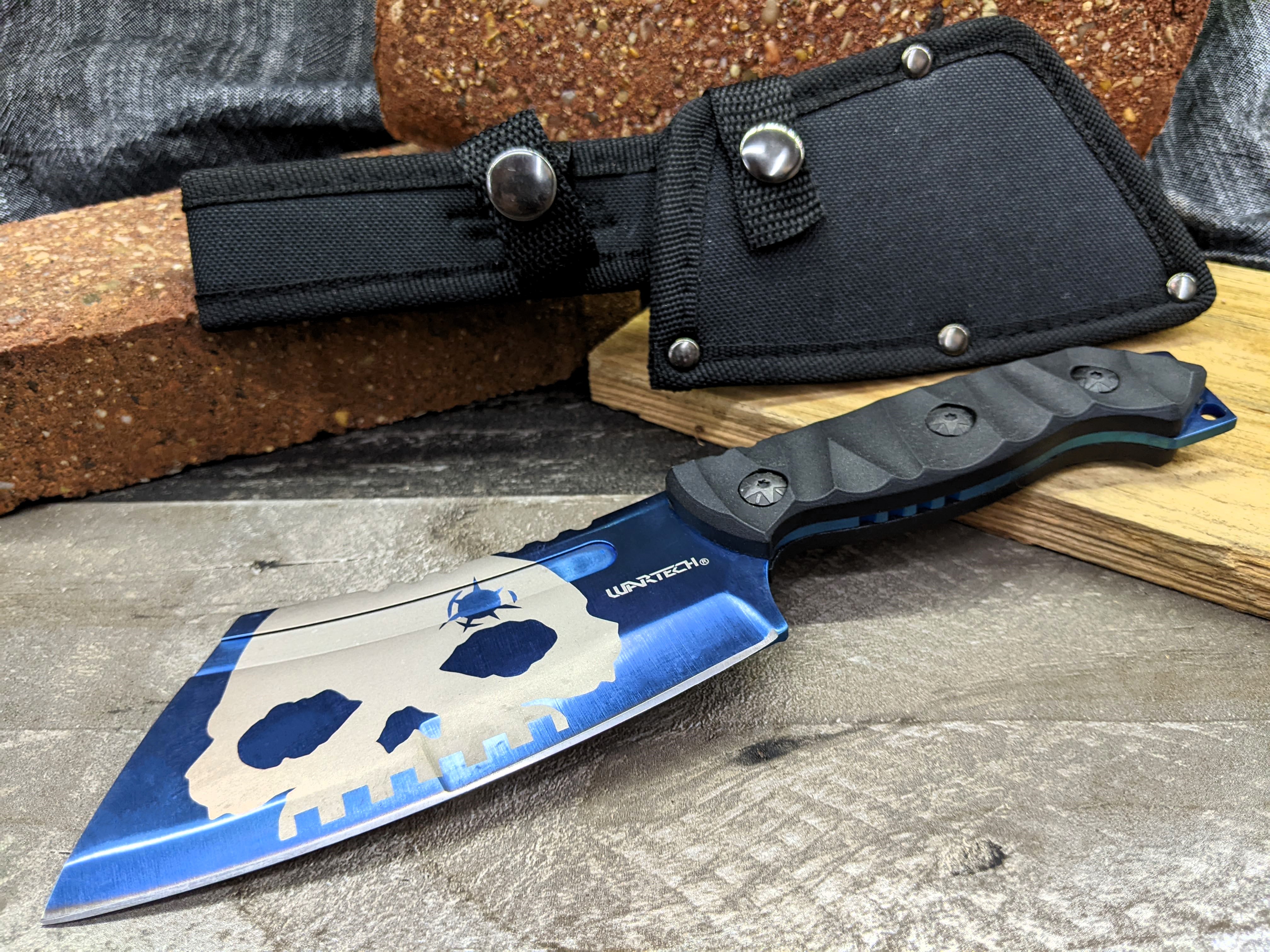 Tactical Knife Wartech 9.5in Overall Blue Skull Full Tang Military Combat Cleaver
