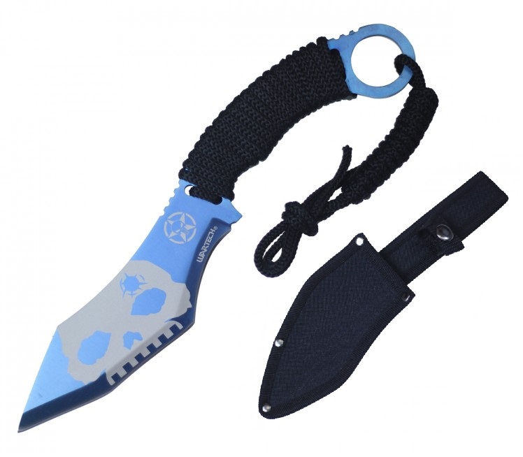 Tactical Knife Wartech 5in. Blue Skull Blade Military Combat Paracord + Sheath