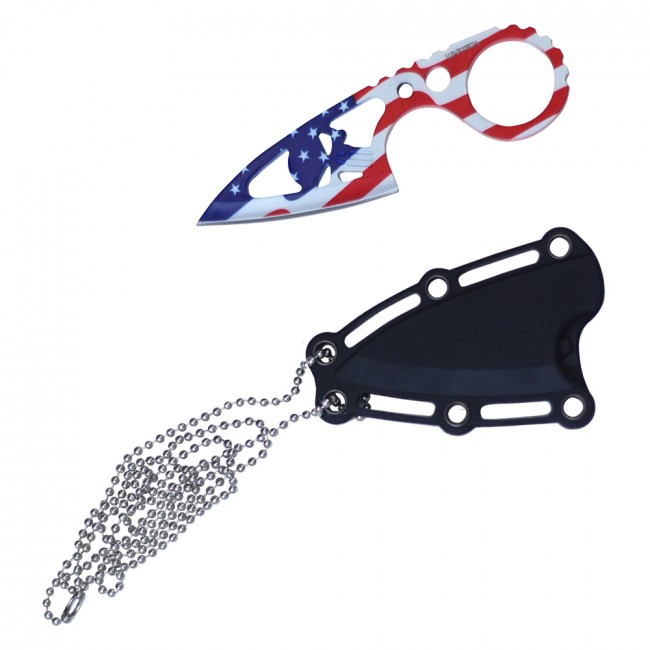 Neck Knife Wartech 4.25in. Overall Tactical Skull American Flag Blade + Sheath