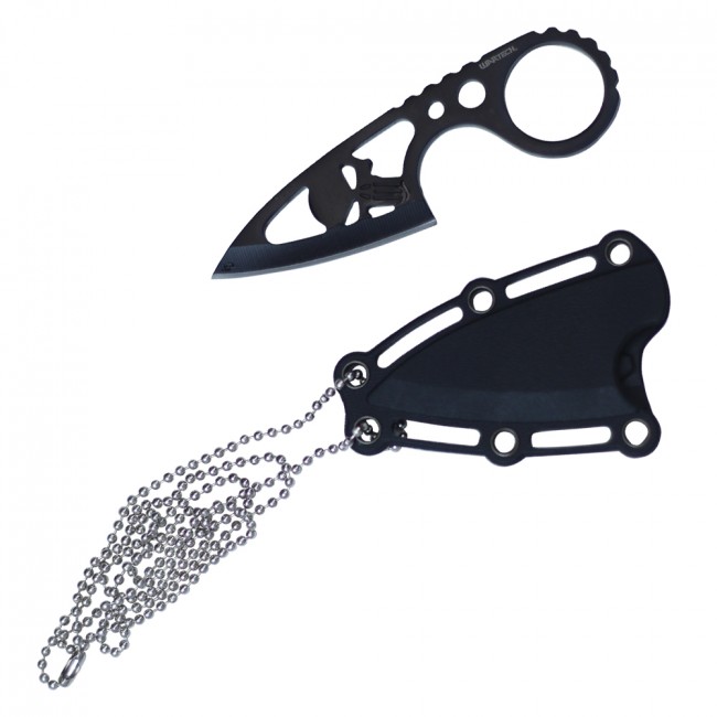 Neck Knife Wartech 4.25in. Overall Tactical Skull Black Blade + Hard Sheath