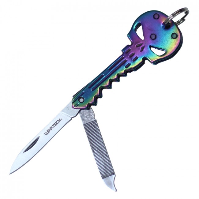 Key Knife Wartech 4.25in. Overall Rainbow Skull Hidden Manual Folding Blade