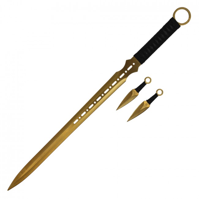 Ninja Sword + Throwing Knife Combo Set 27in. Black Gold Fantasy Blade + Sheath