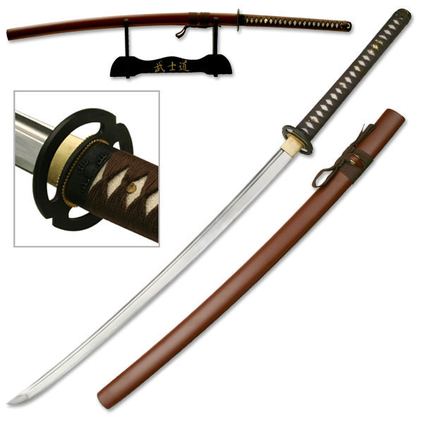 Hand-Forged Carbon Steel Brown Scabbard Japanese Samurai Sword w/ Stand