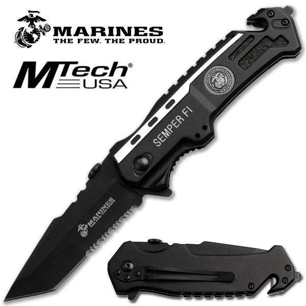 Official USMC 5in. Black Tanto Tip Folding Knife Serrated Pocket Clip Rescue
