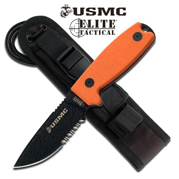 Official USMC 8in. Orange G10 Handle Hunting Knife w/ Molle Sheath