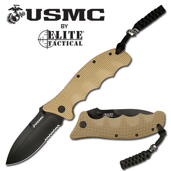 Official USMC 5in. Tan G10 Serrated Pocket Folding Knife Ergonomic Handle