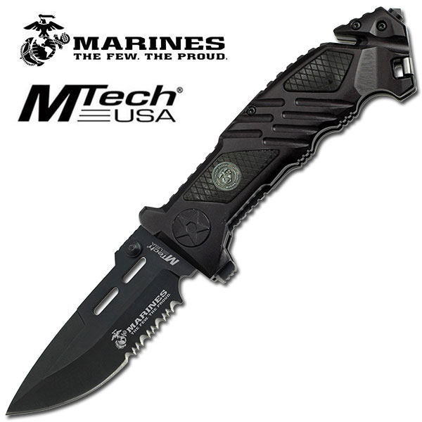 Official USMC 5in. Laser Cut Black Knife Spring Assisted Serrated Pocket