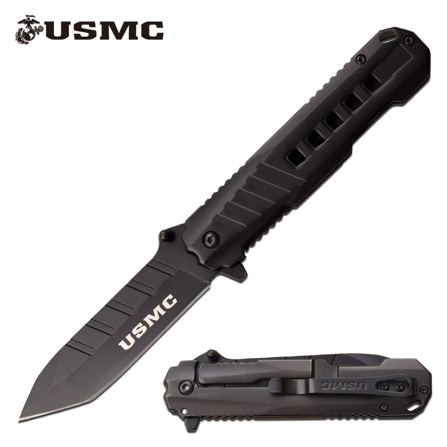 Spring-Assist Folding Knife | USMC Marines Black Tactical 3.75