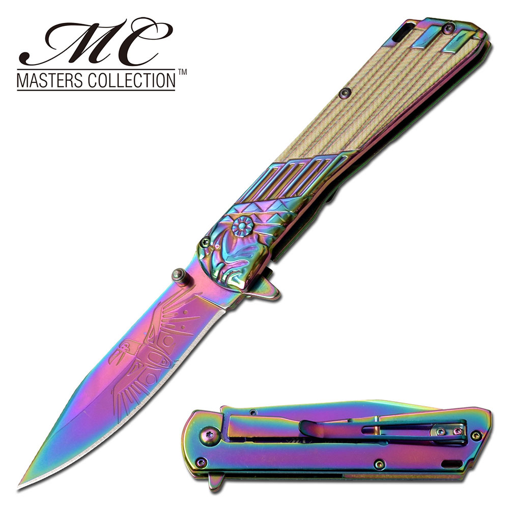 Spring-Assist Folding Knife | Rainbow Steel Blade Native American Eagle Chief