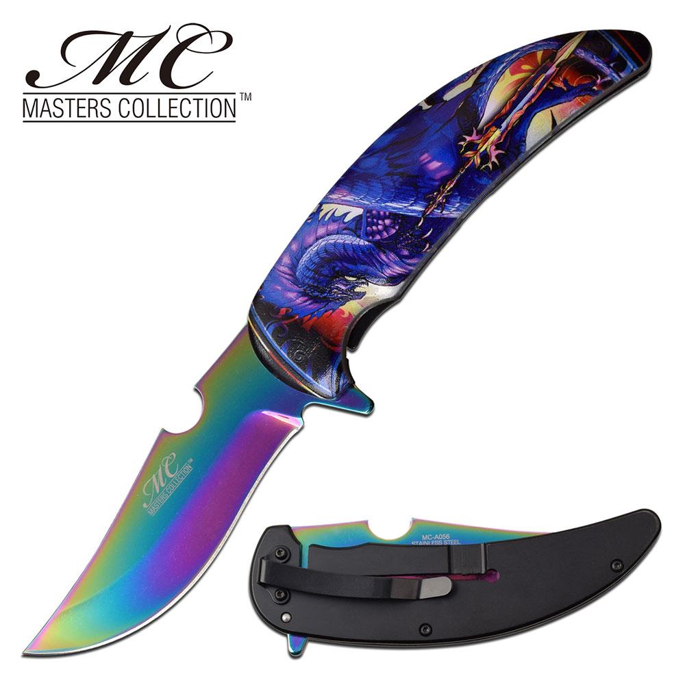Spring-Assist Folding Knife Rainbow Mirror Blade 4in. Blade Dark Fantasy Dragon