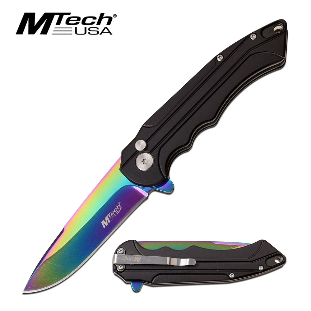 Folding Pocket Knife Mtech Black Titanium Rainbow Blade Assisted-Close Tactical