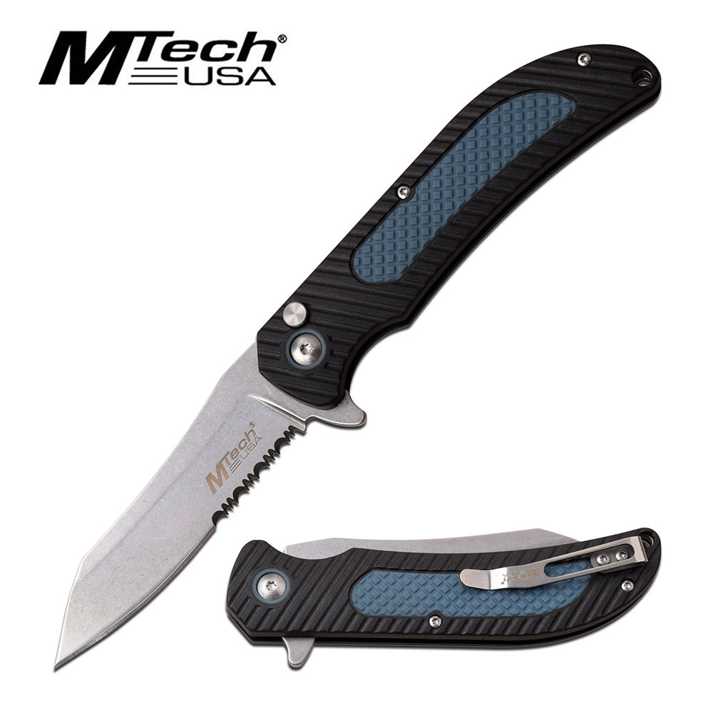 Folding Knife Mtech 3.5in. Serrated Blade Black Blue EDC Push Button Close