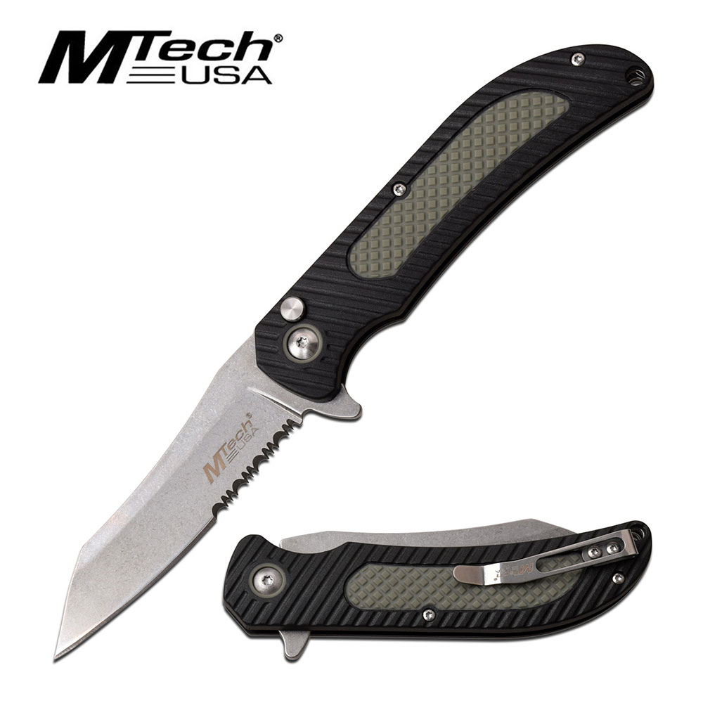 Folding Knife Mtech 3.5in. Serrated Blade Black Gray EDC Push Button Close